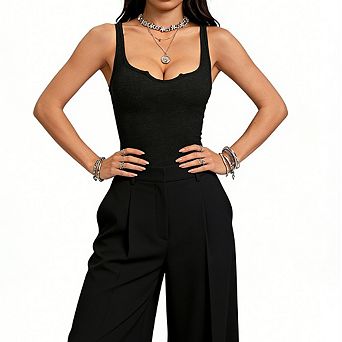 Women Sleeveless Waffle Knit Notch Neck Cami Top Slim Fit Casual Basic Tank Top