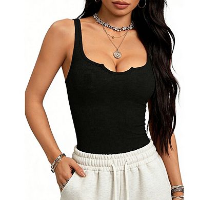 Women Sleeveless Waffle Knit Notch Neck Cami Top Slim Fit Casual Basic Tank Top