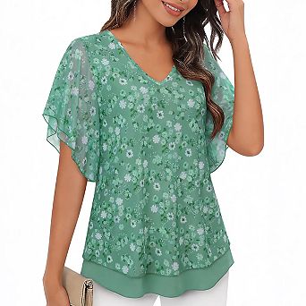 Women's V-Neck Ruffled Short Sleeve Blouse Flowy Top Lightweight Semi-Sheer Summer Blouse