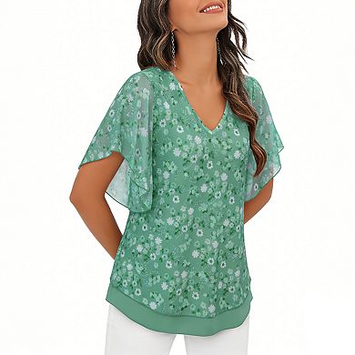 Women's V-Neck Ruffled Short Sleeve Blouse Flowy Top Lightweight Semi-Sheer Summer Blouse