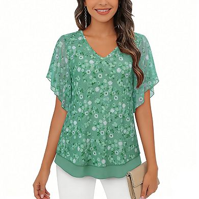 Women's V-Neck Ruffled Short Sleeve Blouse Flowy Top Lightweight Semi-Sheer Summer Blouse