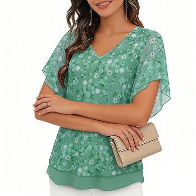 Women's V-Neck Ruffled Short Sleeve Blouse Flowy Top Lightweight Semi-Sheer Summer Blouse
