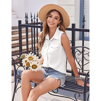 Zeagoo Womens White Sleeveless Blouse Casual Button Up Blouse V Neck Tops