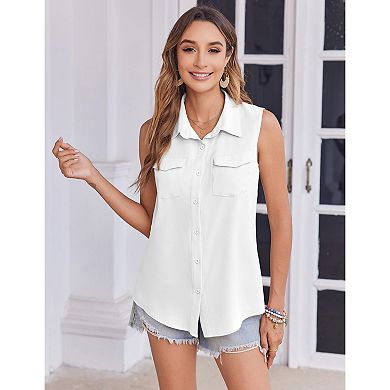 Zeagoo Womens White Sleeveless Blouse Casual Button Up Blouse V Neck Tops