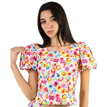 Artyska Women's Floral Balloon Sleeve Round Neck Crop Top