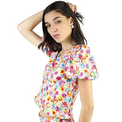 Artyska Women's Floral Balloon Sleeve Round Neck Crop Top