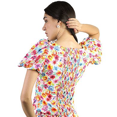 Artyska Women's Floral Balloon Sleeve Round Neck Crop Top