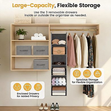 Hanging Closet Organizer 6-Shelf 3 Drawers Side Pockets Foldable Storage