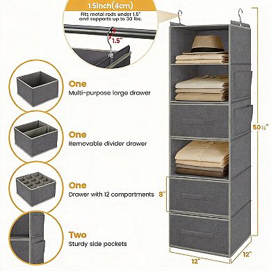 Hanging Closet Organizer 6-Shelf 3 Drawers Side Pockets Foldable Storage