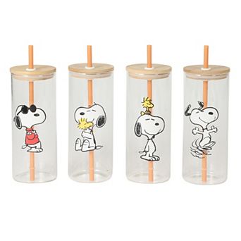 Peanuts Snoopy Happy Sips 4 pc 23 oz Tumbler Set with 4 Wood Lids and 4 Straws Set