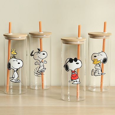 Peanuts Snoopy Happy Sips 4 Piece 23 oz Tumbler Set with 4 Wood Lids and 4 Straws Set