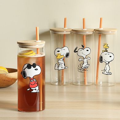 Peanuts Snoopy Happy Sips 4 Piece 23 oz Tumbler Set with 4 Wood Lids and 4 Straws Set