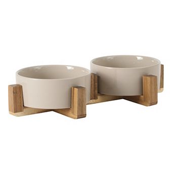 Gibson Home Zoomie Bites Ceramic Dog and Cat Bowl Set with Acacia Stand 5.5 inch