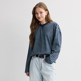 Juniors' Pink Republic Oversized Stripe Long Sleeve Top