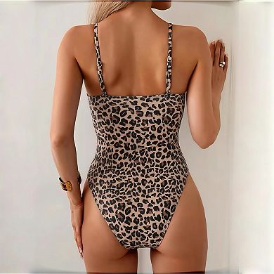 Women’s Leopard Print One Piece Swimsuit, Graceful Triangle Bikini Cutout Monokini with Animal Print