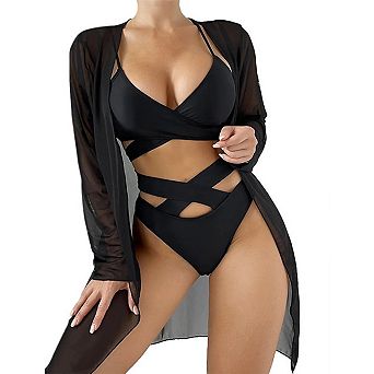 Women’s 3 pc Bikini Set with Sheer Long Sleeve Cover-Up High Cut Wrap Cheeky Swimsuits Swimwear