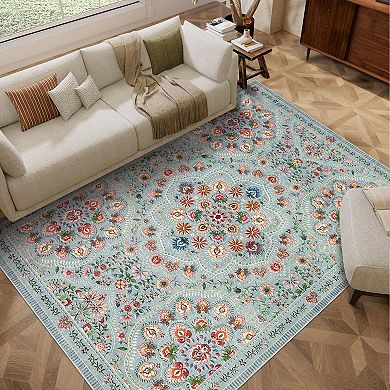 Medallion Area Rug Non Slip Foldable Low Pile Ultra Thin Pet Friendly Floor Cover for Bedroom