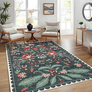 Vintage Floral Area Rug Non Slip Foldable Ultra Thin Non Shedding Floor Cover for Dining Room