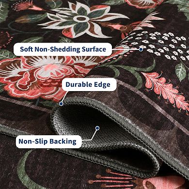 Vintage Floral Area Rug Non Slip Foldable Ultra Thin Non Shedding Floor Cover for Dining Room