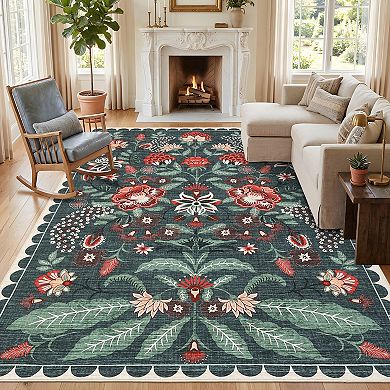 Vintage Floral Area Rug Non Slip Foldable Ultra Thin Non Shedding Floor Cover for Dining Room