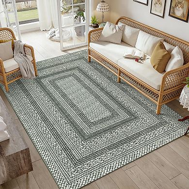 Modern Bordered Area Rug Machine Washable Low Pile Pet Friendly Ultra Thin Carpet for Kid's Room
