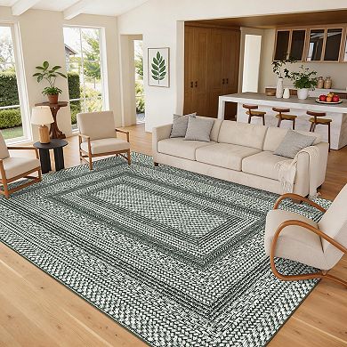 Modern Bordered Area Rug Machine Washable Low Pile Pet Friendly Ultra Thin Carpet for Kid's Room