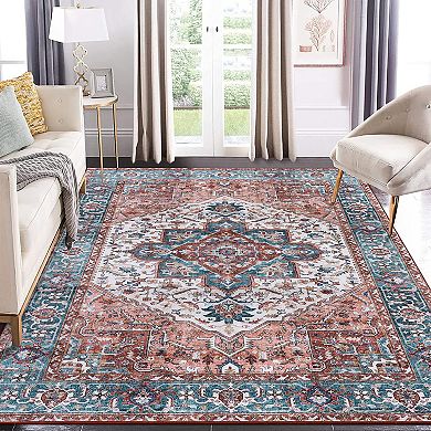 Medallion Area Rug Machine Washable Low Pile Stain Resistant Carpet for Dining Room Bathroom