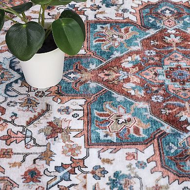 Medallion Area Rug Machine Washable Low Pile Stain Resistant Carpet for Dining Room Bathroom