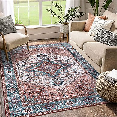 Medallion Area Rug Machine Washable Low Pile Stain Resistant Carpet for Dining Room Bathroom