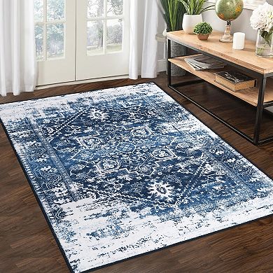Distressed Area Rug Machine Washable Non Slip Non Shedding Ultra Thin Floor Cover for Bedroom