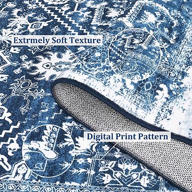 Distressed Area Rug Machine Washable Non Slip Non Shedding Ultra Thin Floor Cover for Bedroom