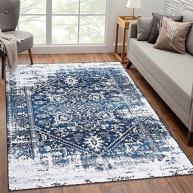 Distressed Area Rug Machine Washable Non Slip Non Shedding Ultra Thin Floor Cover for Bedroom