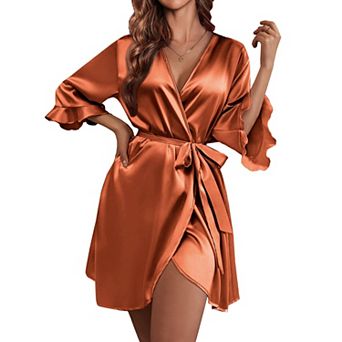 Ekouaer Women's Satin Robe Valentines Lingerie for Women Kimono Bathrobe Short Ruffle Belted Robes