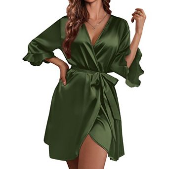 Ekouaer Women's Satin Robe Valentines Lingerie for Women Kimono Bathrobe Short Ruffle Belted Robes