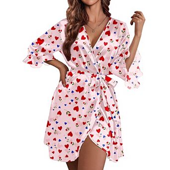 Ekouaer Women's Satin Robe Valentines Lingerie for Women Kimono Bathrobe Short Ruffle Belted Robes