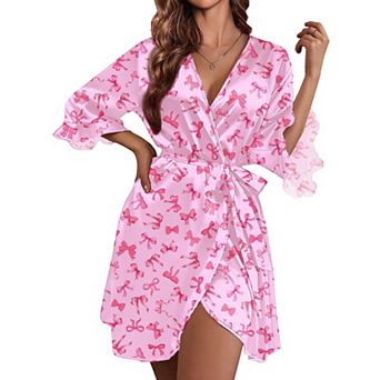Ekouaer Women's Satin Robe Valentines Lingerie for Women Kimono Bathrobe Short Ruffle Belted Robes