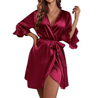 Ekouaer Women's Satin Robe Valentines Lingerie for Women Kimono Bathrobe Short Ruffle Belted Robes
