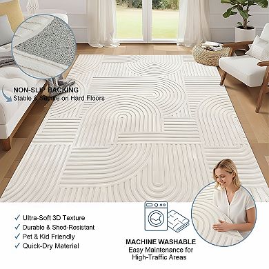 Modern Boho Washable Rug, Beige Solid Non-Slip Fluffy Carpet for All Indoor Rooms