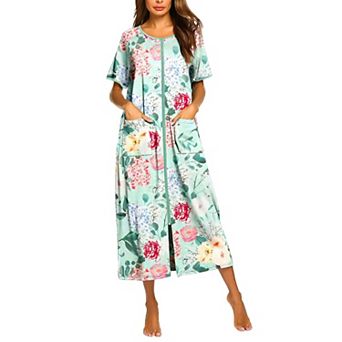 Ekouaer Women Robes Zipper Front Short Sleeve Full Length Housecoat with Pockets Loungewear