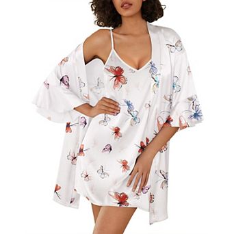 Ekouaer Women's Silk Robe Set V-neck 2 pc Bridal Party Robes and Satin Bathrobe Set with Pockets