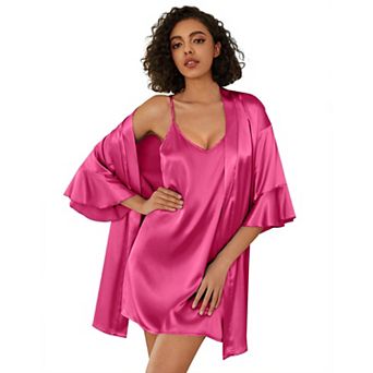 Ekouaer Women's Silk Robe Set V-neck 2 pc Bridal Party Robes and Satin Bathrobe Set with Pockets