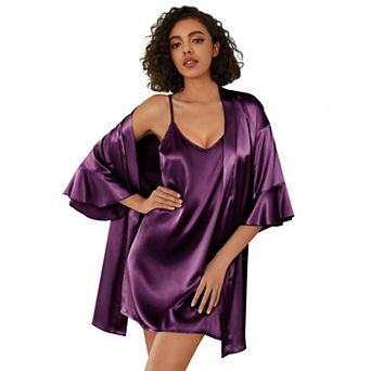 Ekouaer Women's Silk Robe Set V-neck 2 pc Bridal Party Robes and Satin Bathrobe Set with Pockets