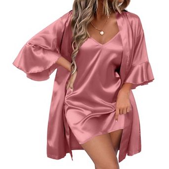 Ekouaer Women's Silk Robe Set V-neck 2 pc Bridal Party Robes and Satin Bathrobe Set with Pockets