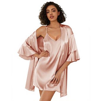 Ekouaer Women's Silk Robe Set V-neck 2 pc Bridal Party Robes and Satin Bathrobe Set with Pockets
