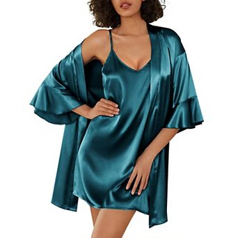 Ekouaer Women's Silk Robe Set V-neck 2 pc Bridal Party Robes and Satin Bathrobe Set with Pockets