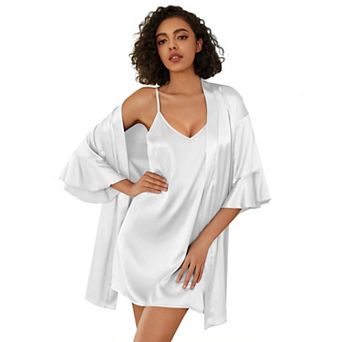 Ekouaer Women's Silk Robe Set V-neck 2 pc Bridal Party Robes and Satin Bathrobe Set with Pockets