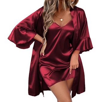 Ekouaer Women's Silk Robe Set V-neck 2 pc Bridal Party Robes and Satin Bathrobe Set with Pockets