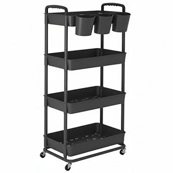 4 tier Plastic Rolling Storage Cart with Hanging Cups Handles Lockable Wheels Organizer