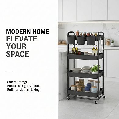 4-tier Plastic Rolling Storage Cart with Hanging Cups Handles Lockable Wheels Organizer