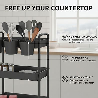 4-tier Plastic Rolling Storage Cart with Hanging Cups Handles Lockable Wheels Organizer